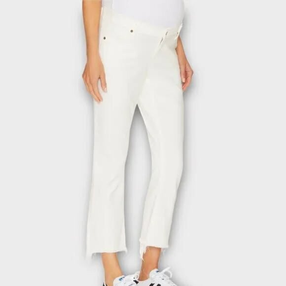 Hatch Straight Leg Raw Hem Cropped Maternity Jeans White - Picture 1 of 7